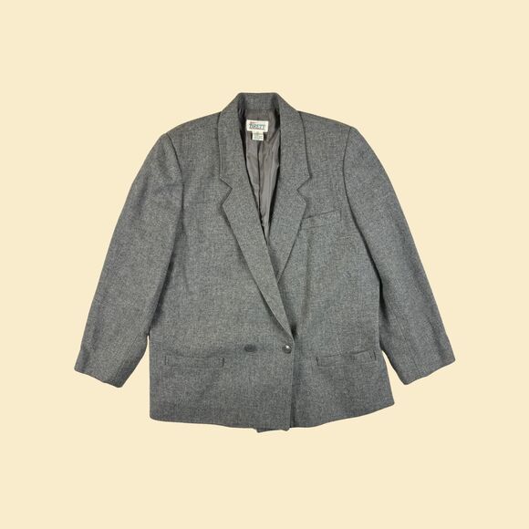 1970s Sue Brett grey blazer jacket, size 22 acrylic/wool double breasted jacket - Picture 1 of 10